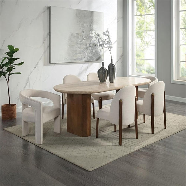 Travertine Top Oval Dining Table with Dark Oak Base