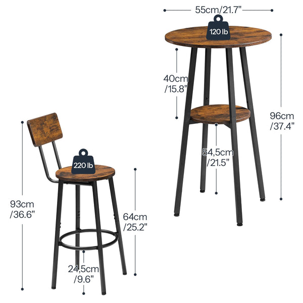 3-Piece Industrial Bar Table & Stools Set — Round Pub Table with 2 Bar Chairs
