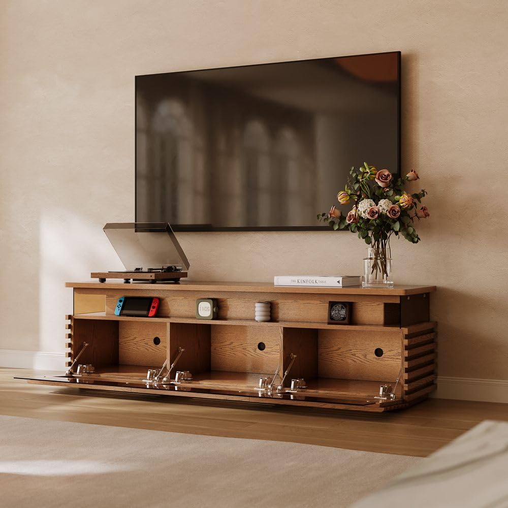 Mid-Century Modern TV Stand 71" with LED Lights & Ventilated Storage