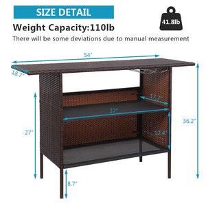 Wicker Outdoor Bar Table with Steel Shelves and Wine Glass Rack