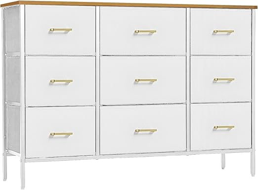 9-Drawer Fabric Dresser with Metal Frame & Wood Top