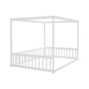 Full Size Kids Canopy Floor Bed Frame with Guardrails