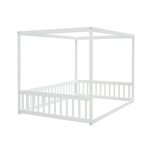 Full Size Kids Canopy Floor Bed Frame with Guardrails