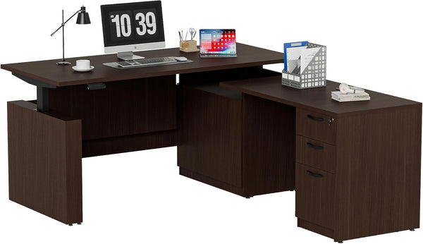 L-Shaped Height Adjustable Executive Standing Desk with Lockable Cabinets