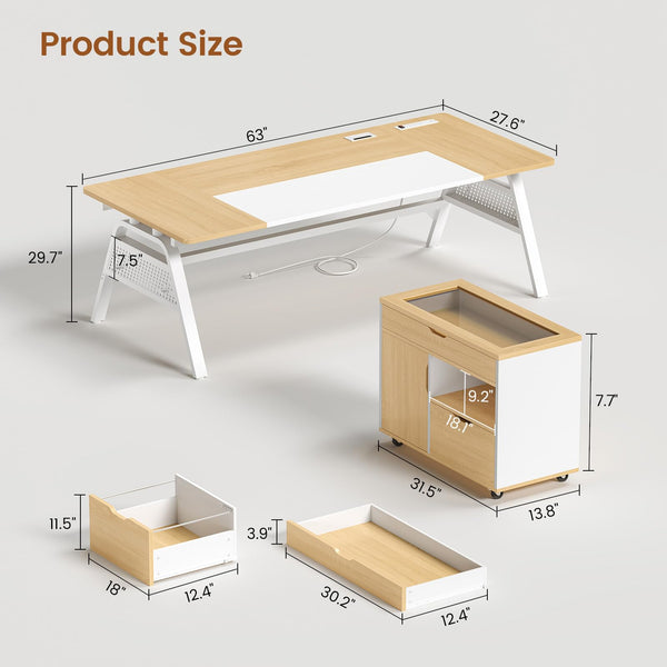 L-Shaped Desk with File Cabinet & Power Outlets
