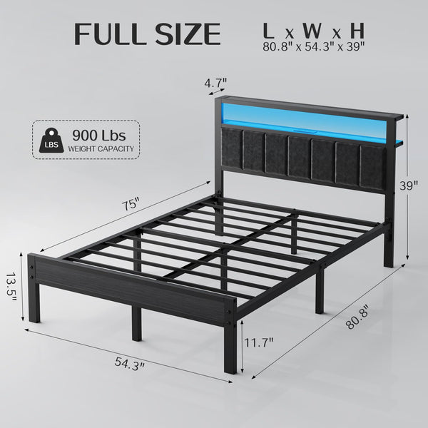 LED Platform Bed Frame with Storage Headboard & Charging Station