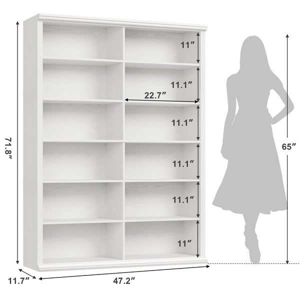 Large Wooden Bookcase – 6-Shelf Double Storage, 71.8"H x 47.2"W