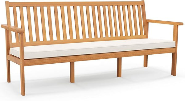 Solid Teak Wood Outdoor Bench with Armrests & Backrest, 3-Seat