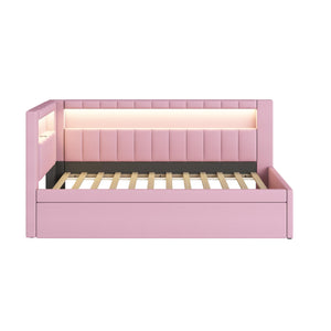 L-Shaped Upholstered Daybed with Trundle, USB Ports & LED Lighting