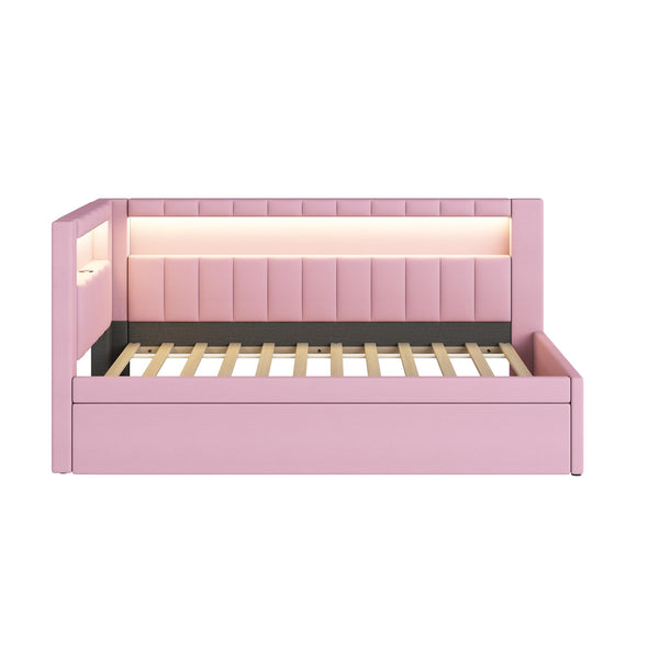 L-Shaped Upholstered Daybed with Trundle, USB Ports & LED Lighting