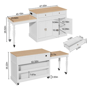 Extendable Kitchen Island Cart with Storage, Drawers & Power Outlet