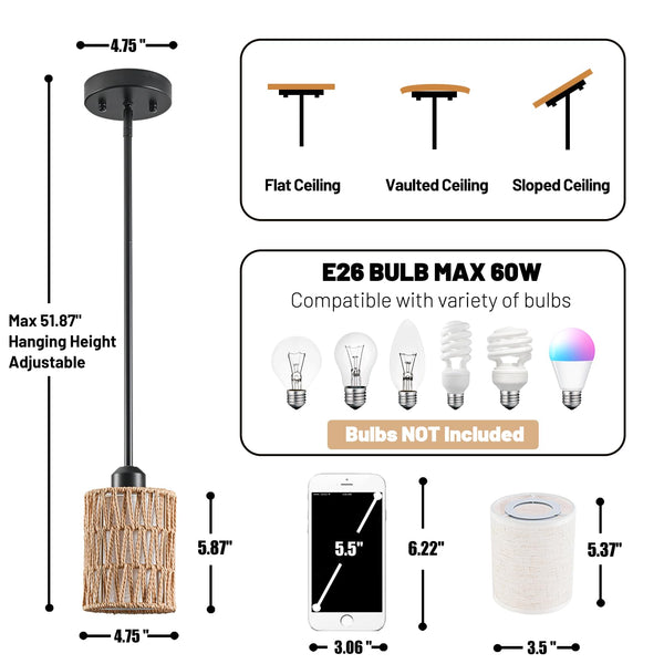 Rattan Boho Pendant Light with Linen Shade & Iron Rods | Adjustable Height