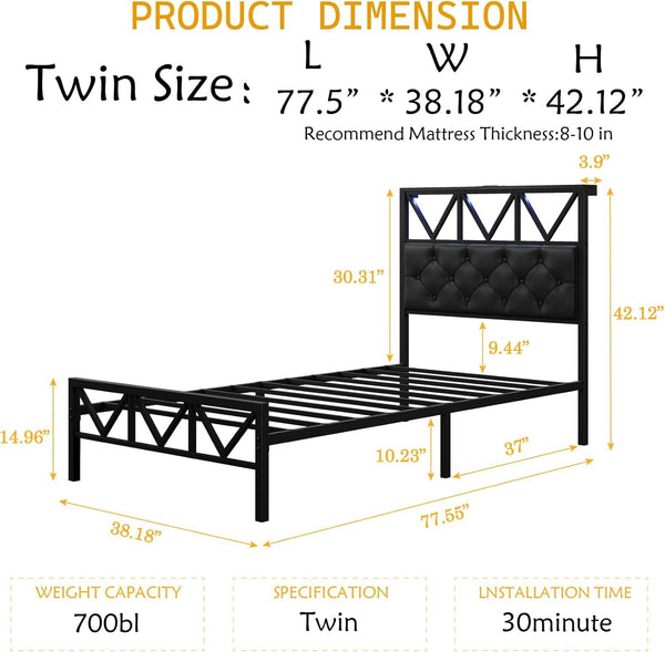Twin Size Platform Bed Frame with LED Lighting & Charging Station