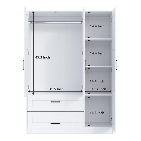 3-Door Wooden Wardrobe Closet with Shelves and Drawers – White