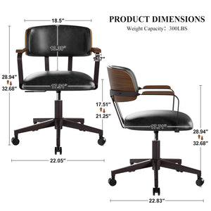 Mid-Century Modern Swivel Desk Chair – PU Leather, Walnut Bentwood Back, Black