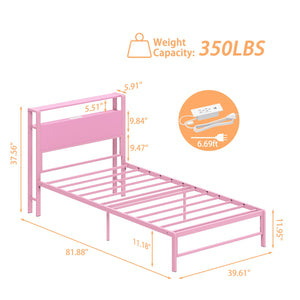 Twin Bed Frame with Storage Headboard, LED Light & Charging Station