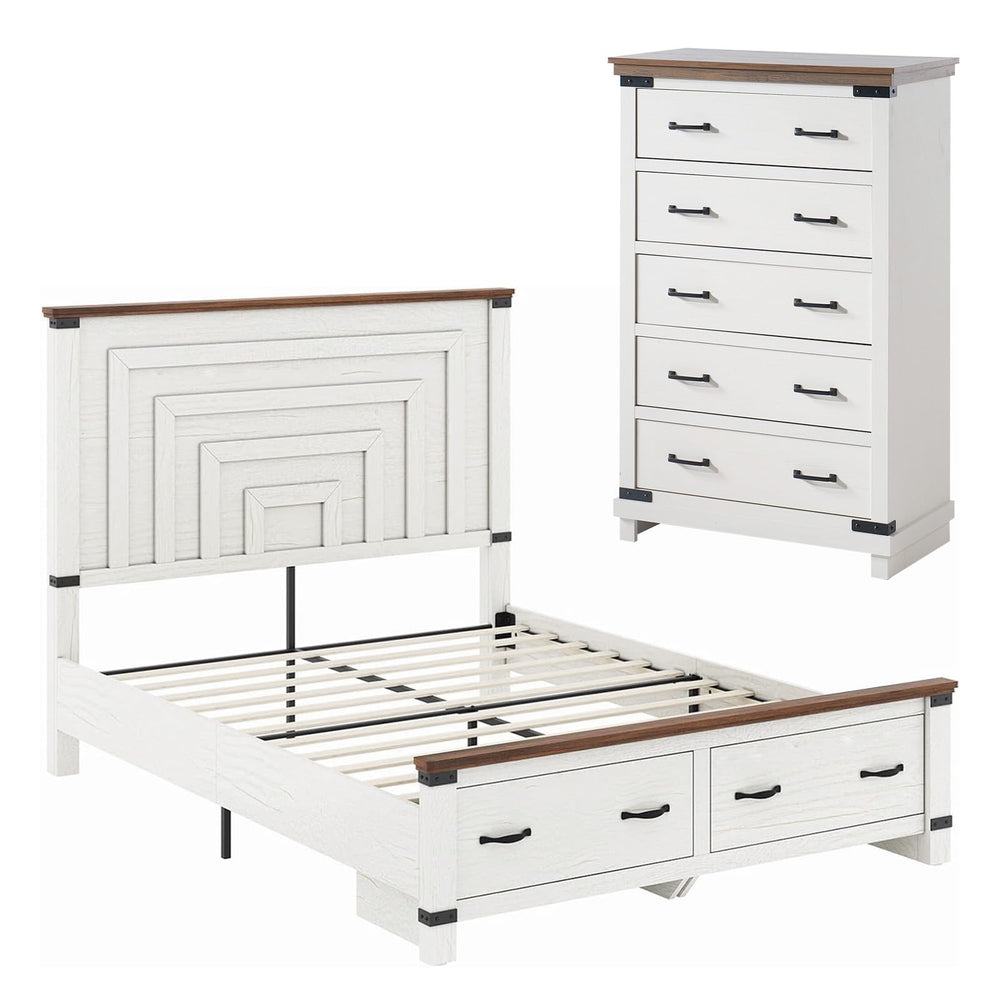 Farmhouse Bedroom Set – 5 Drawer Dresser & Platform Bed Frame