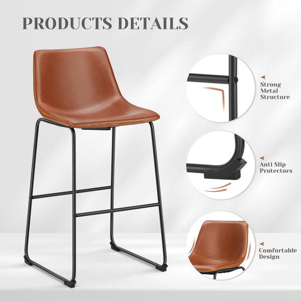 Counter Height Bar Stools Set of 2 – Faux Leather, Metal Frame, 30 Inch Seat Height