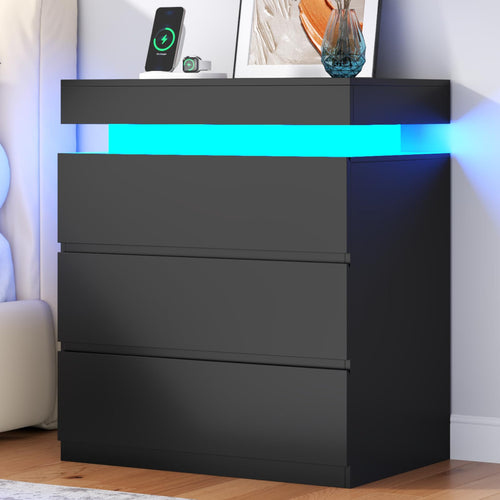 Nightstand with Charging Station and LED Lights – 3 Drawers