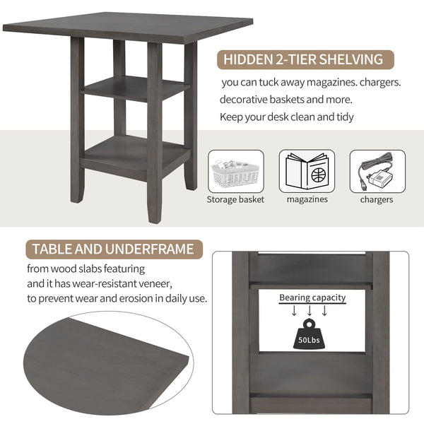 5-Piece Counter Height Dining Set with Storage Shelves and Padded Chairs