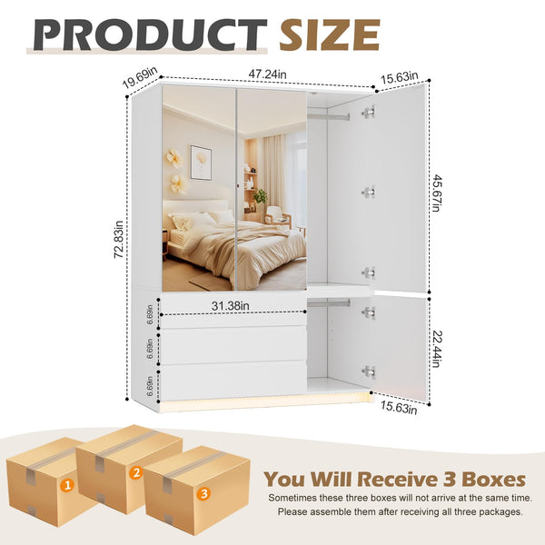 3-Door Wardrobe Closet with Mirror, LED Lights & Drawers