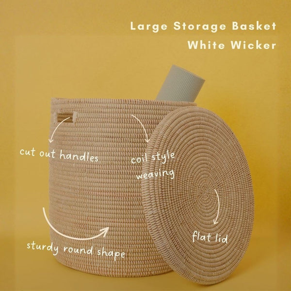 Hand-Woven Cylindrical Storage Basket with Removable Lid