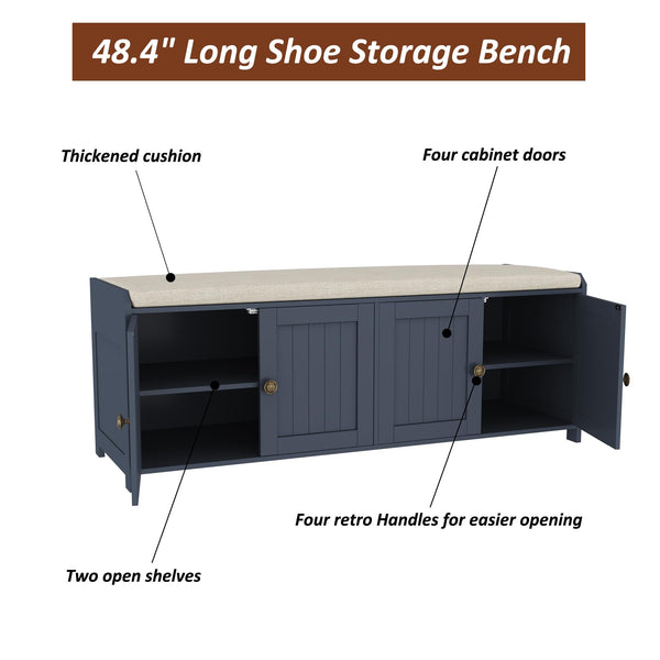 48.4" Shoe Storage Bench with Cushion & 4 Doors — Blue