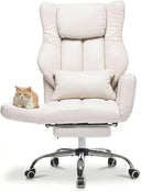 forveolux High Back Executive Office Chair with Footrest, Reclining PU Leather, Lumbar Support, Criss Cross Style, 155° Recline (Beige)