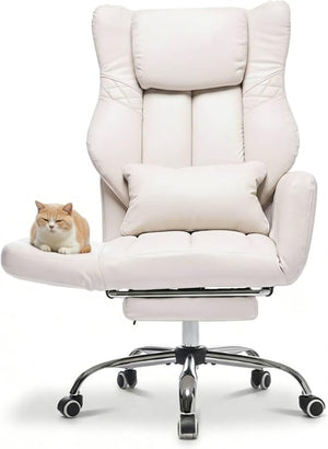 forveolux High Back Executive Office Chair with Footrest, Reclining PU Leather, Lumbar Support, Criss Cross Style, 155° Recline (Beige)