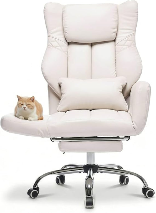 forveolux High Back Executive Office Chair with Footrest, Reclining PU Leather, Lumbar Support, Criss Cross Style, 155° Recline (Beige)