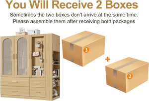3-Door Rattan Armoire Wardrobe with LED Mirror & Drawers