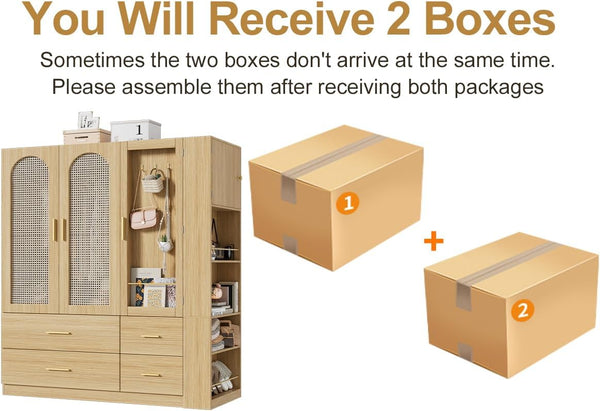 3-Door Rattan Armoire Wardrobe with LED Mirror & Drawers