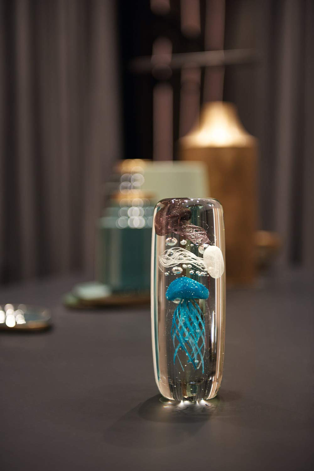 Handmade Glass Jellyfish Decorative Object – Glow in the Dark, Blue, 8.7" Height