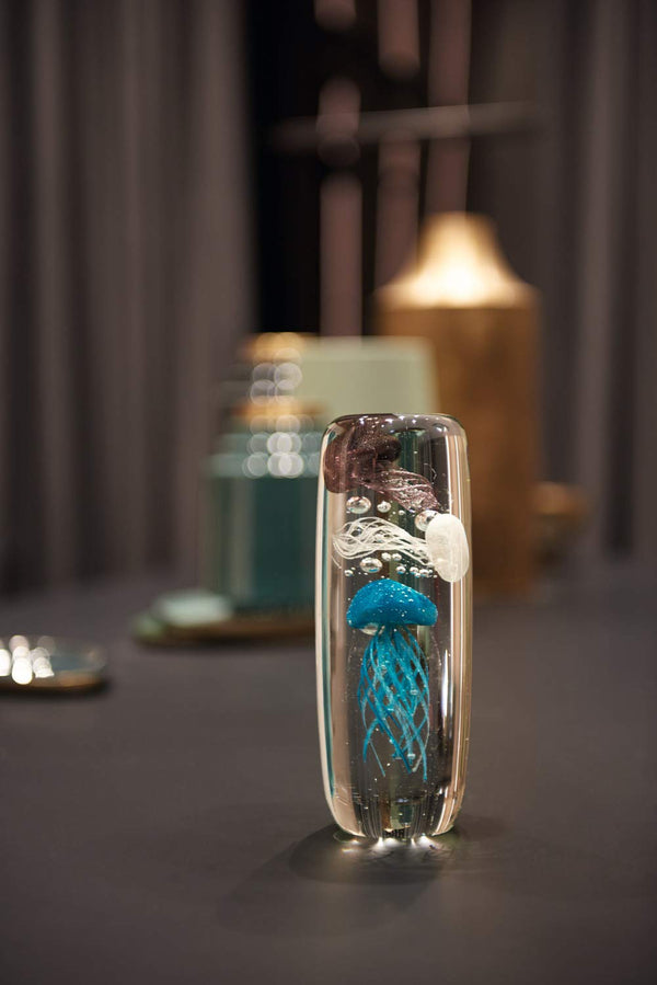 Handmade Glass Jellyfish Decorative Object – Glow in the Dark, Blue, 8.7" Height
