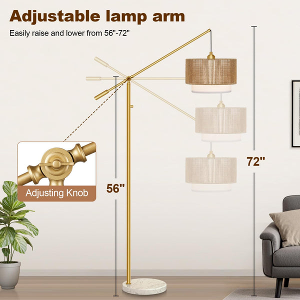 Boho Dimmable Arc Floor Lamp with Rattan & Fabric Shades