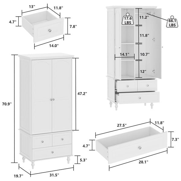 Wardrobe Cabinet with 2 Doors, 3 Drawers & Hanging Rod