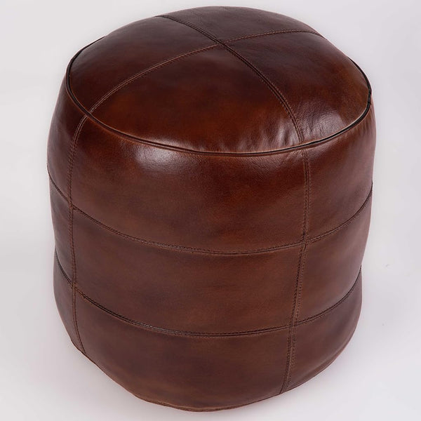 Round Buffalo Leather Pouf – Handmade, Stuffed, Stain Resistant