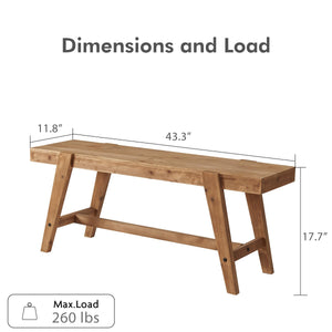 Solid Wood Farmhouse Entryway Bench – 43.3" Rustic Dining Bench with Angled Legs
