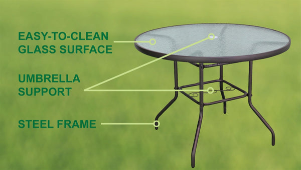 Round Outdoor Patio Dining Table – Steel Frame & Glass Top