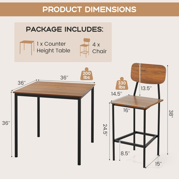 5-Piece Counter Height Dining Table Set with 4 Bar Stools