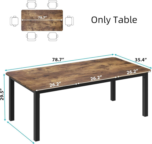 Industrial Dining Table for 6-8 People, 78.7" Rectangular Kitchen Table with Metal Frame