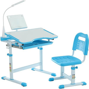Kids Ergonomic Desk & Chair Set – Tilt Desktop, LED Light, Book Stand & Storage Drawer