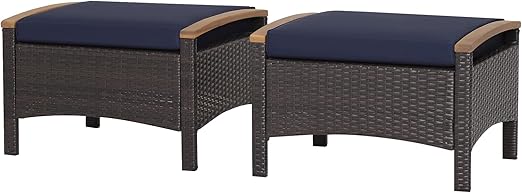 Outdoor Wicker Ottoman Set – 2 Piece Patio Rattan Footrest with Cushions