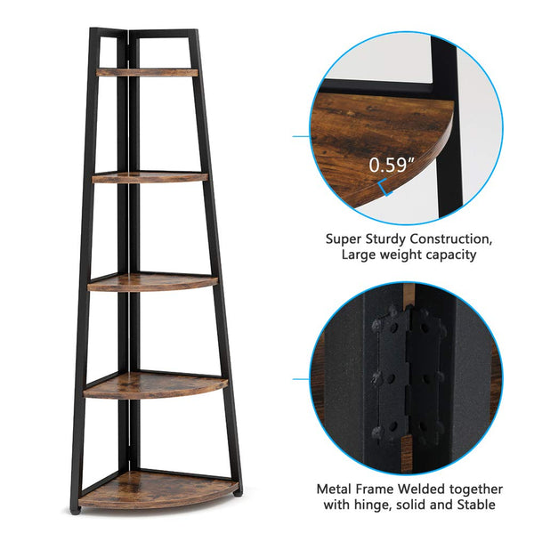 5-Tier Corner Shelf, 70-Inch Tall Industrial Bookcase & Plant Stand