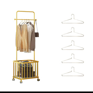 Gold Metal Garment Rack with Storage Basket & Rolling Wheels