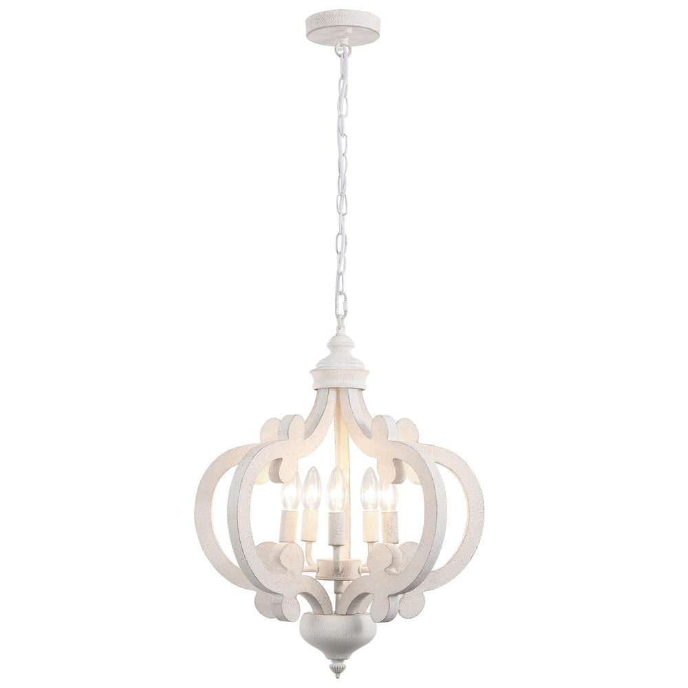 5-Light Farmhouse Chandelier – Distressed White, Rustic Wood, Adjustable Height