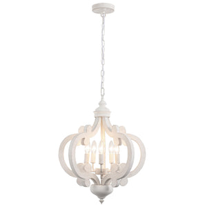 5-Light Farmhouse Chandelier – Distressed White, Rustic Wood, Adjustable Height