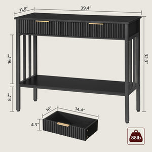 Narrow Fluted Console Table with 2 Drawers & Storage Shelf – Black Entryway Table