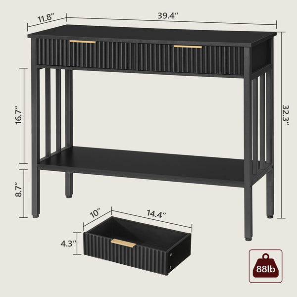 Narrow Fluted Console Table with 2 Drawers & Storage Shelf – Black Entryway Table