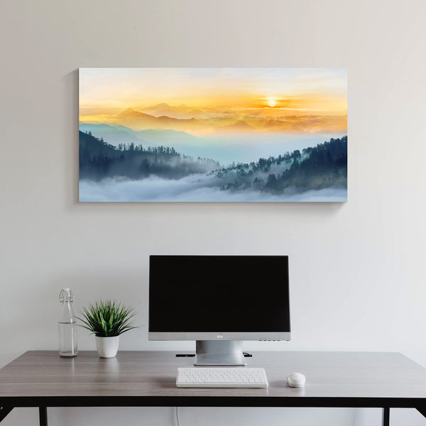 Foggy Forest Canvas Wall Art – Sunset Landscape Print